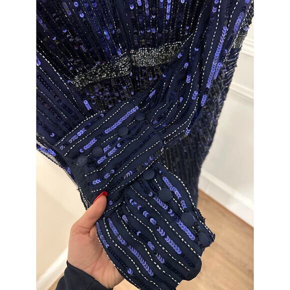 NEW Mac Duggal Navy Sequined Wrap Over Bishop Sleeve Gown Midnight sz 20 MD5501 - Picture 7 of 7